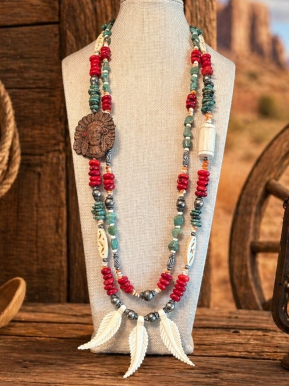 Carved Bone & Leather Chief Necklace w Heish Turquoise, Coral, Spiney Oyster - Picture 2 of 11